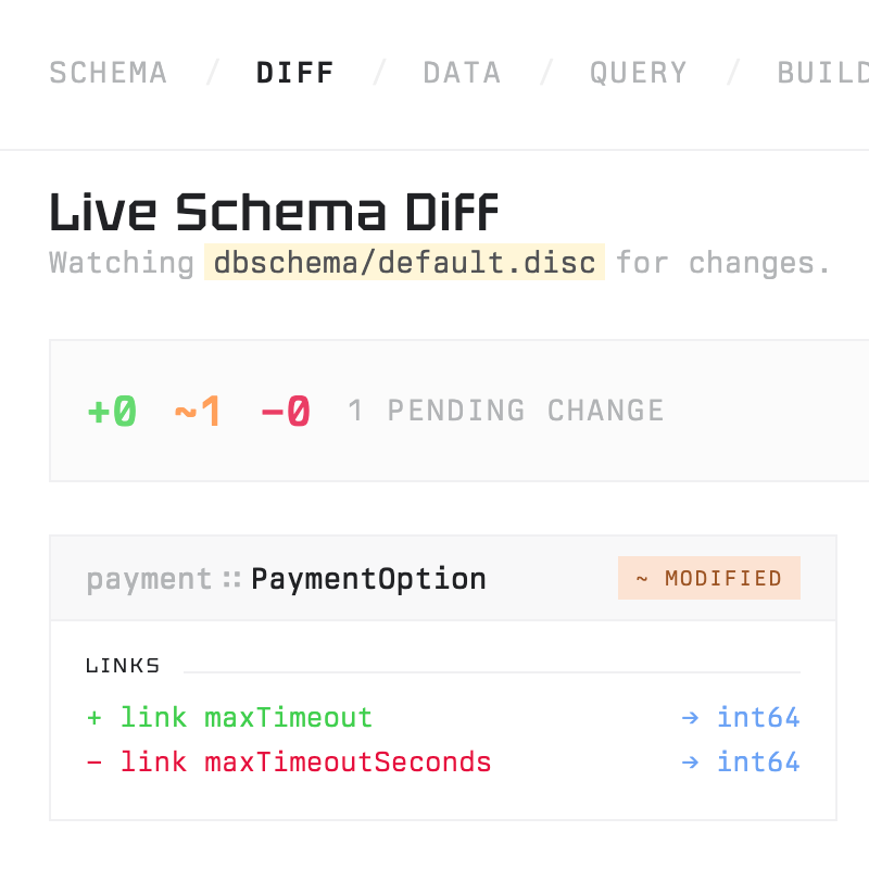 The Live Schema Diff component of Disc's admin interface watching for changes