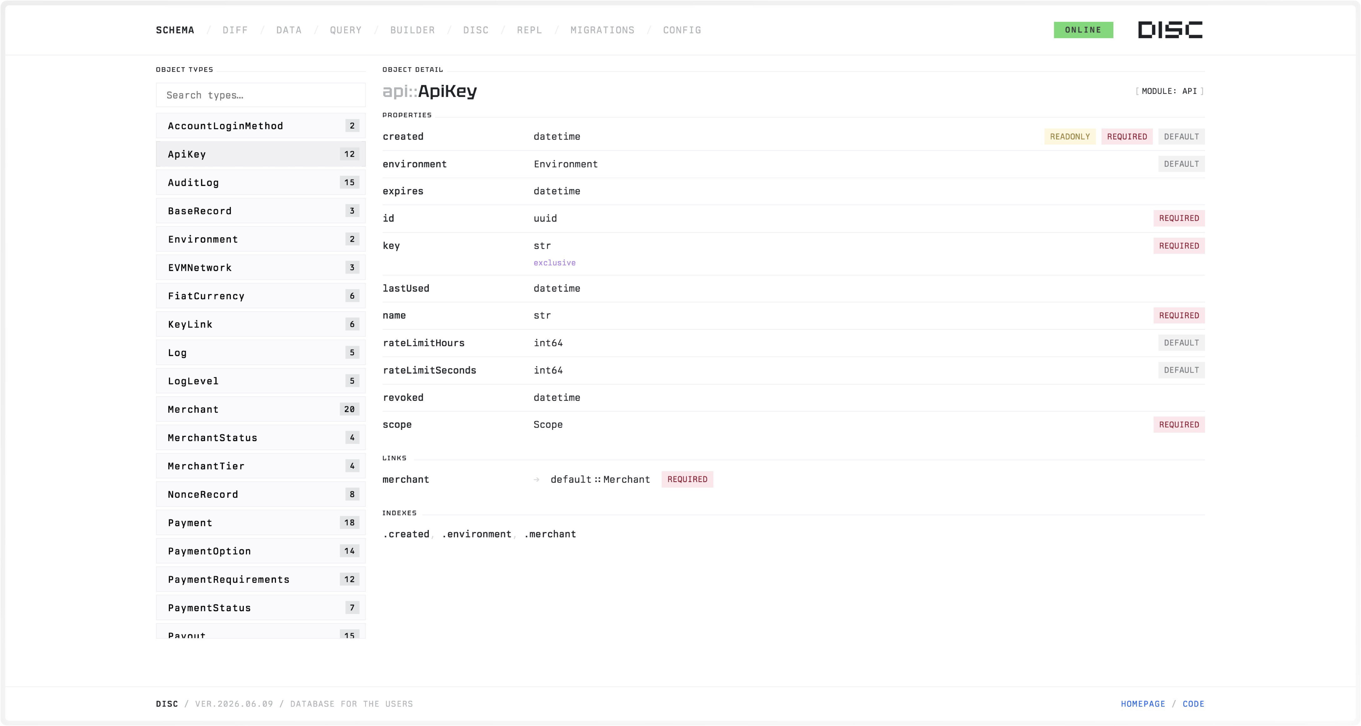 Disc admin interface showcasing the Schema page